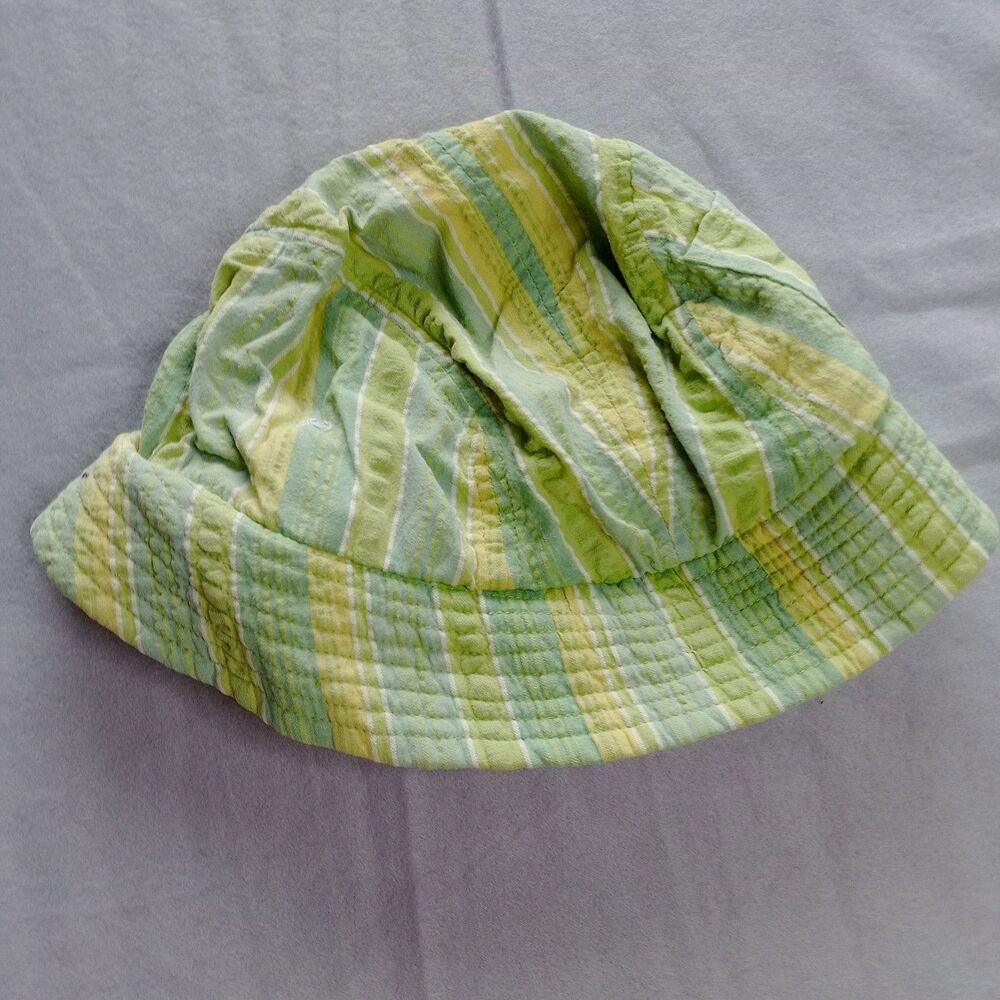 Vtg Gap Cotton Bucket Sun Hat Cap Green Yellow Stripe Beach Infant Toddler S/M